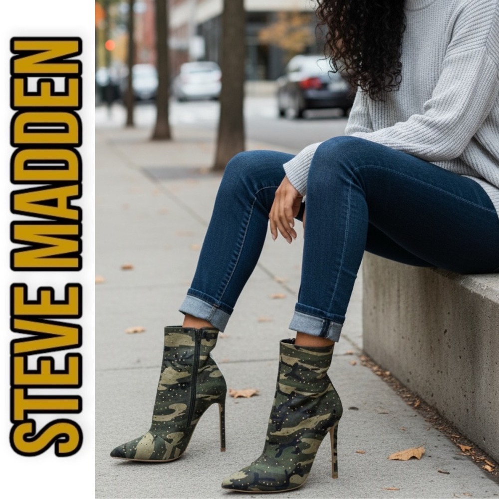 Steve Madden Wagu Camo Rhinestone Ankle Boots Pointed Toe Stiletto Military 7.5‎